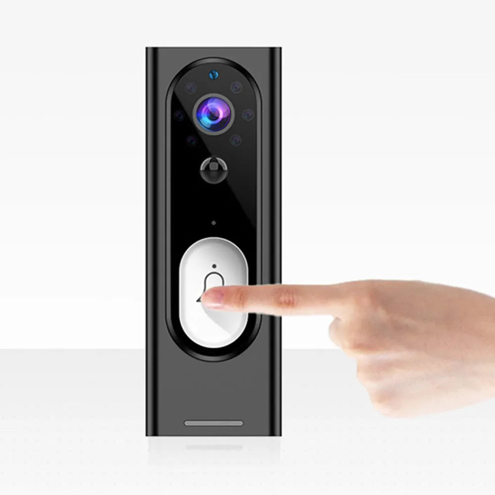 Wireless 1080P video doorbell in black with voice intercom and night vision for outdoor wall mounting