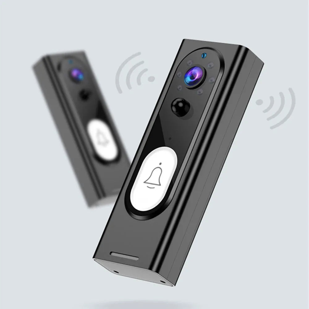 Wireless 1080P video doorbell in black with voice intercom and night vision for outdoor wall mounting
