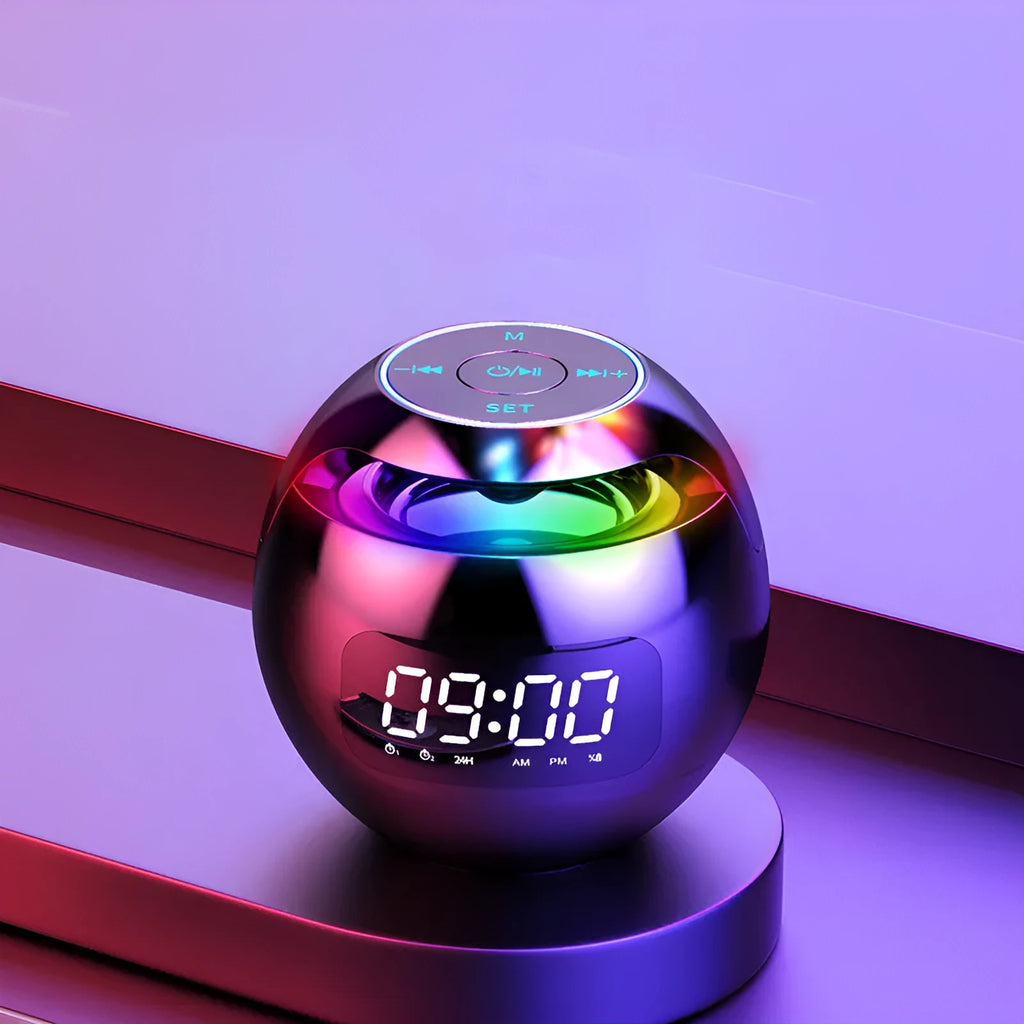 Mini ball card Bluetooth speaker in pink with colourful light display and clock on top panel