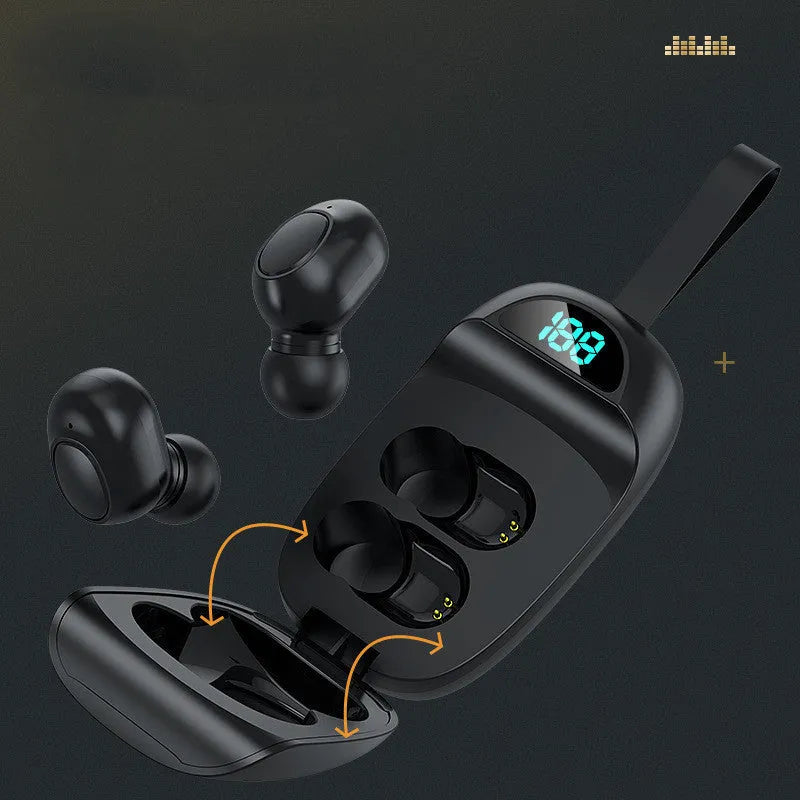 Binaural stereo call earbud wireless headset in black with battery display and earplug design