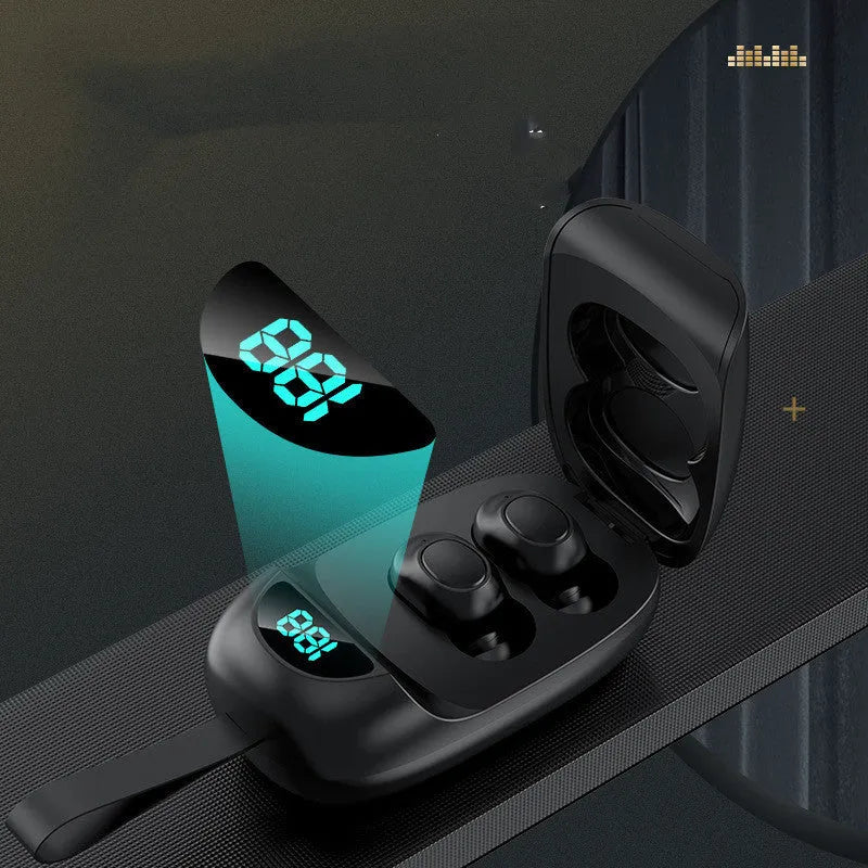 Binaural stereo call earbud wireless headset in black with battery display and earplug design