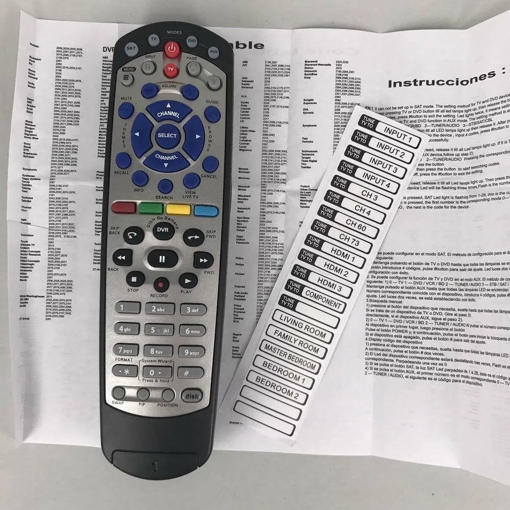 Black DISH Network compatible universal remote control with flat design and button layout