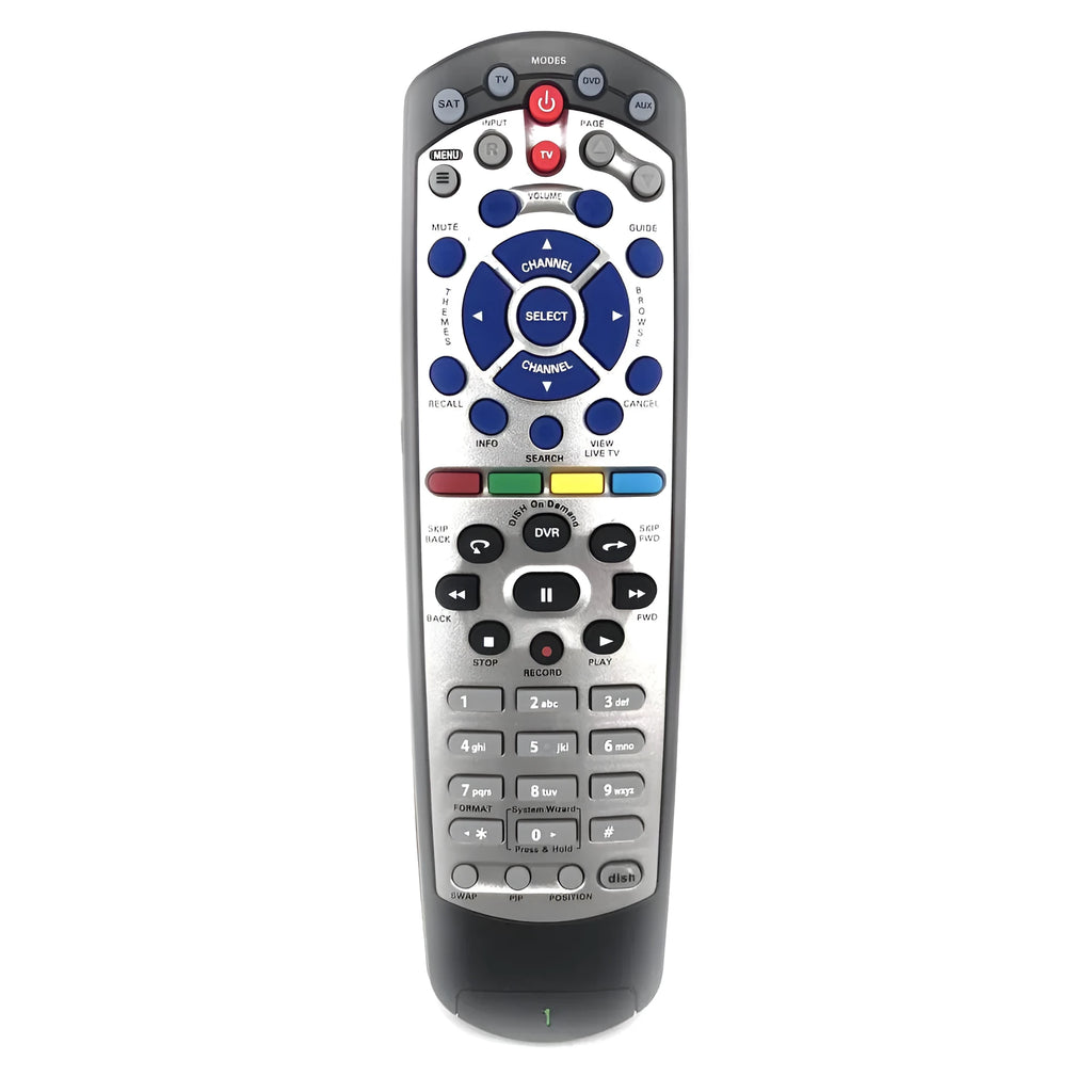 Black DISH Network compatible universal remote control with flat design and button layout