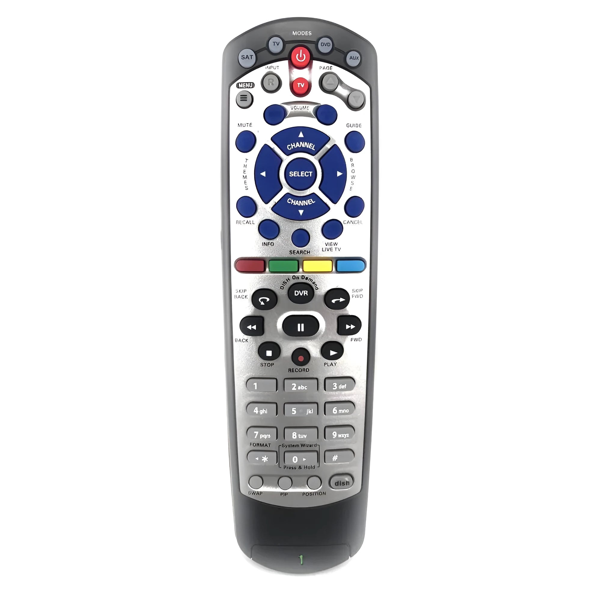 Black DISH Network compatible universal remote control with flat design and button layout