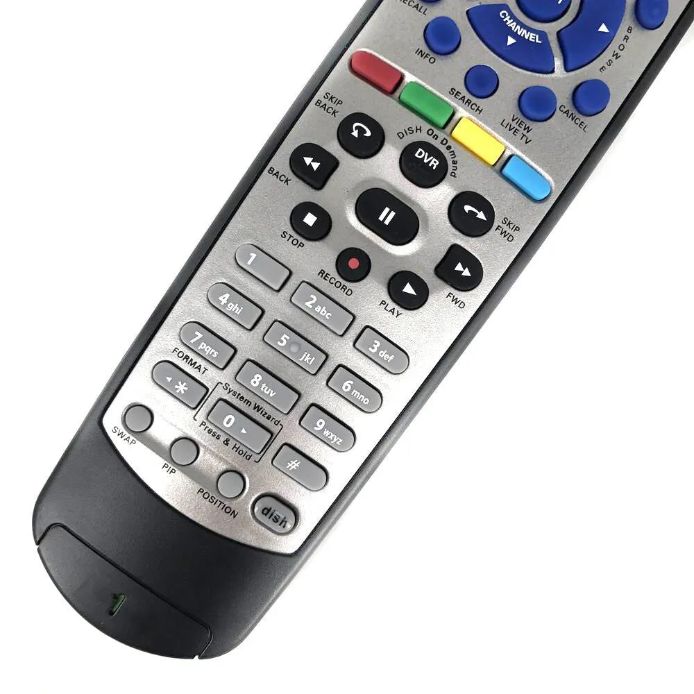 Black DISH Network compatible universal remote control with flat design and button layout