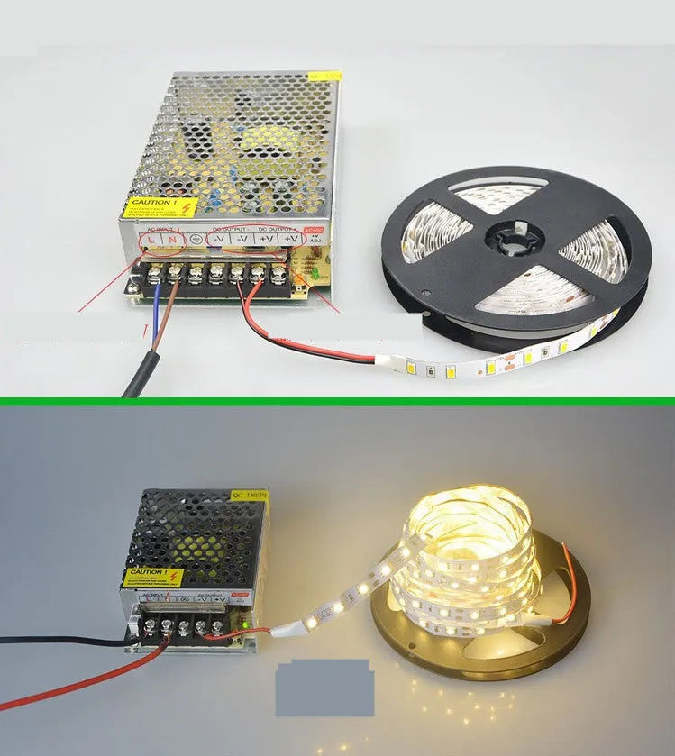 Close-up of a flexible white LED light strip showing dense 2835 SMD chips mounted on a tape.