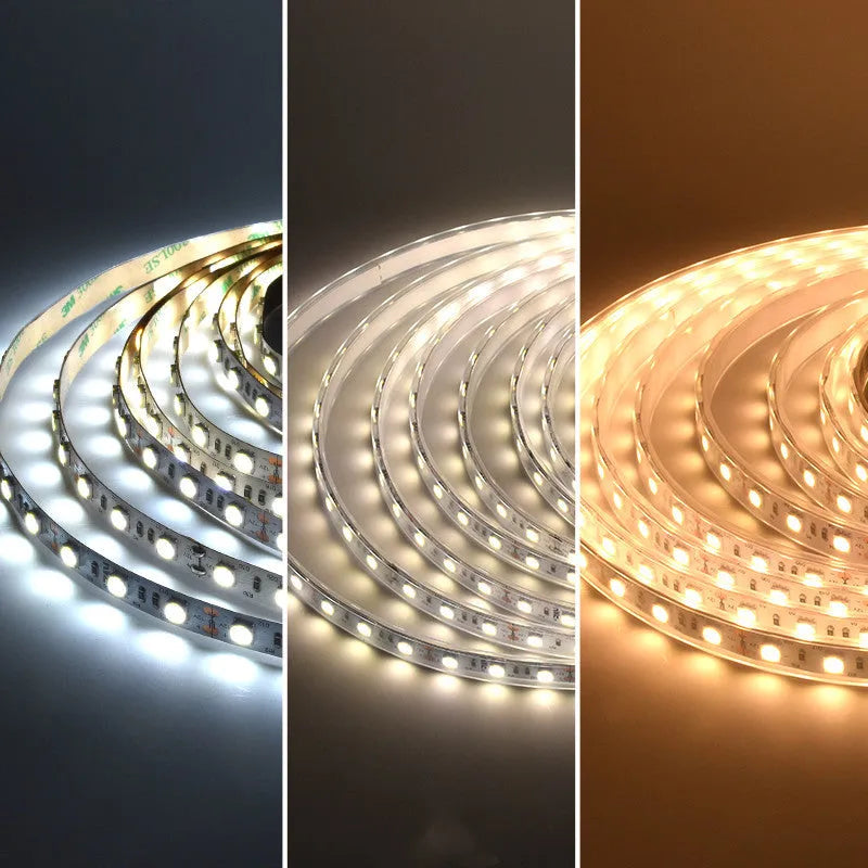Close-up of a flexible white LED light strip showing dense 2835 SMD chips mounted on a tape.