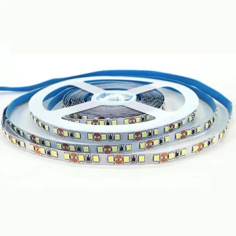 Close-up of a flexible white LED light strip showing dense 2835 SMD chips mounted on a tape.