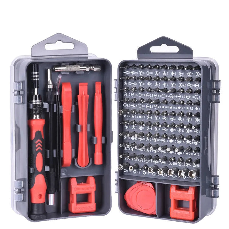 117 in 1 CRV magnetic screwdriver set with flexible extension shaft for electronics repair in a black case.
