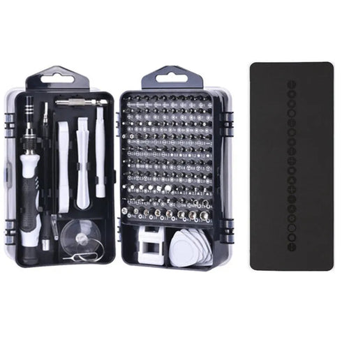 117 in 1 CRV magnetic screwdriver set with flexible extension shaft for electronics repair in a black case.