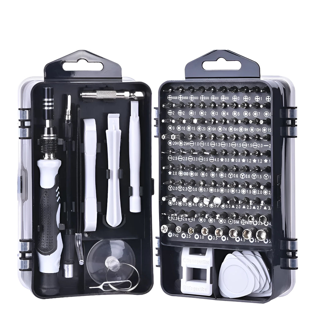 117 in 1 CRV magnetic screwdriver set with flexible extension shaft for electronics repair in a black case.