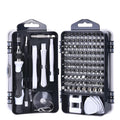 117 in 1 CRV magnetic screwdriver set with flexible extension shaft for electronics repair in a black case.