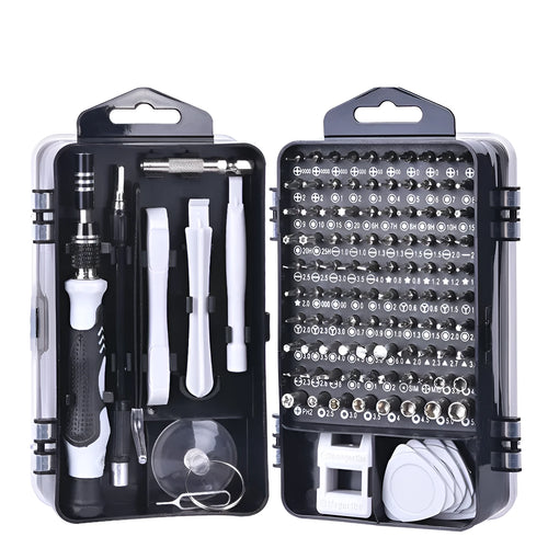 117 in 1 CRV magnetic screwdriver set with flexible extension shaft for electronics repair in a black case.