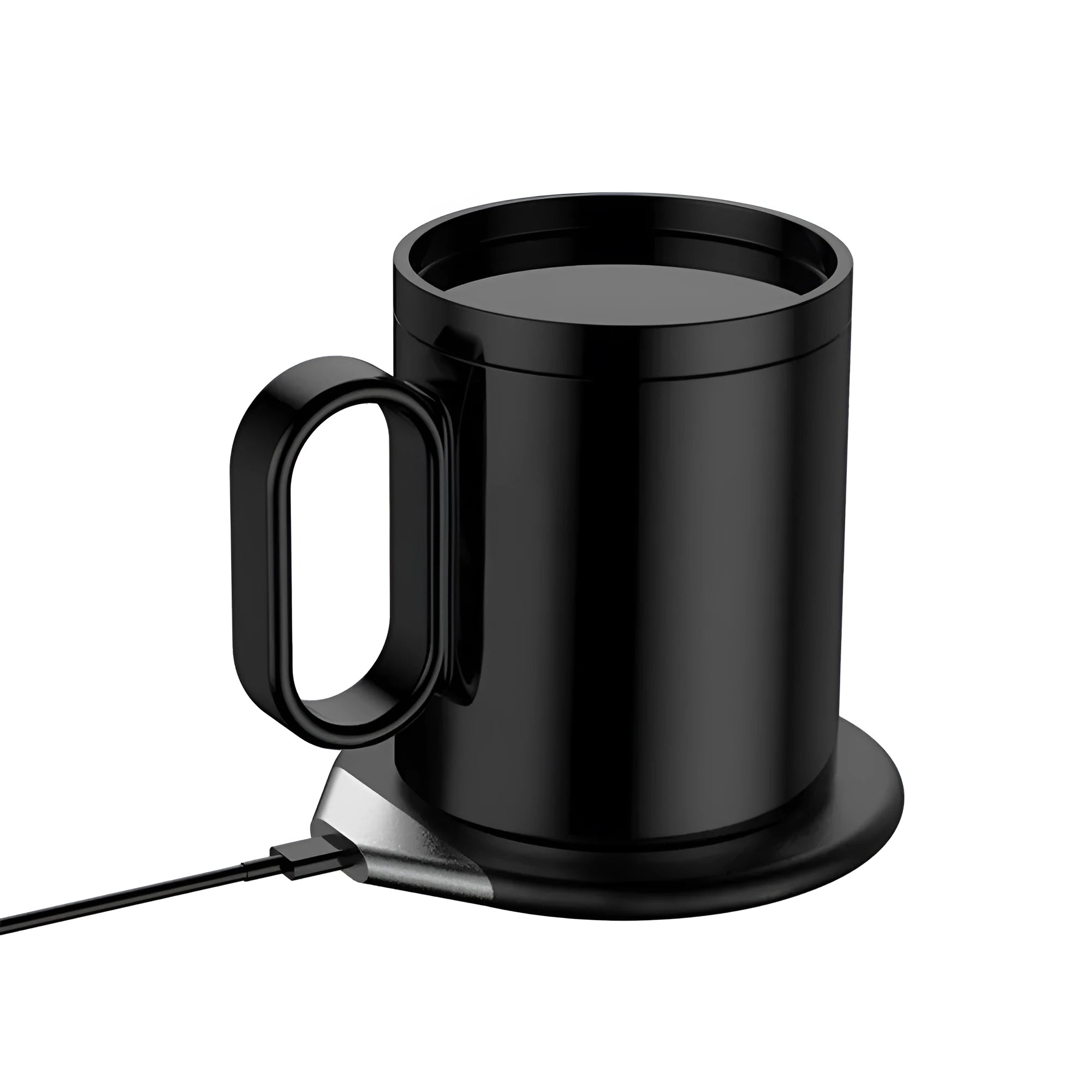 Black wireless charging warm cup showing 110mm diameter coaster with beverage and smartphone charging simultaneously