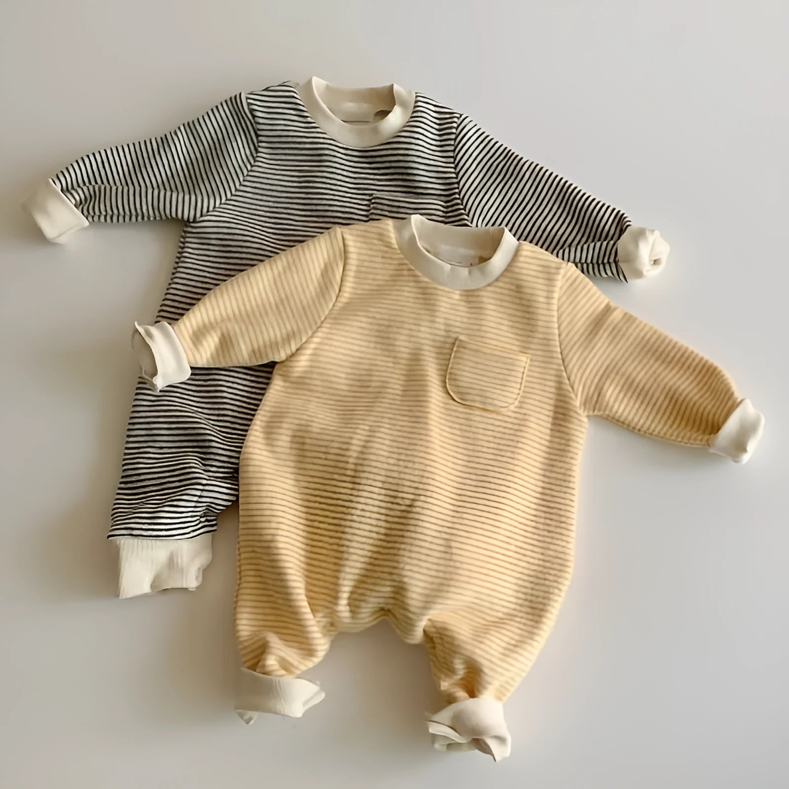 Striped cotton baby jumpsuit with long sleeves for infant winter wear