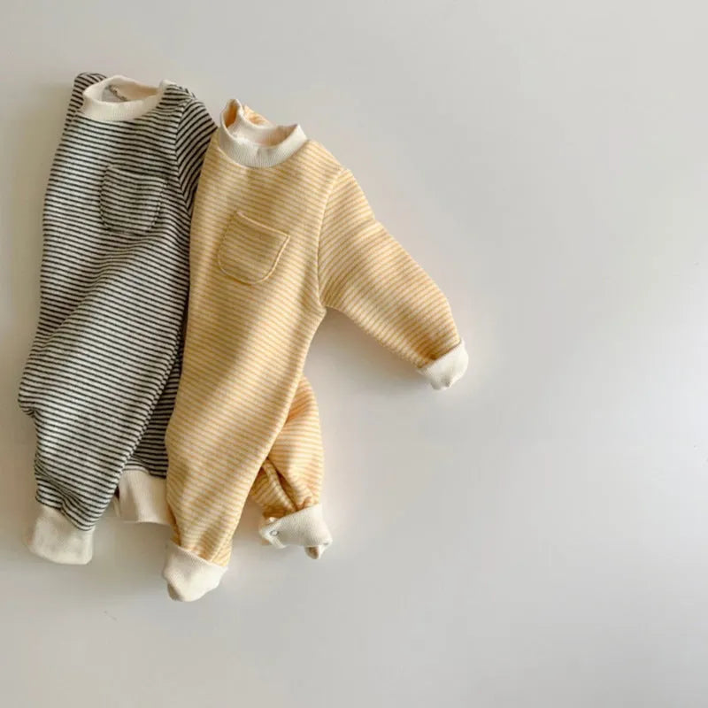 Striped cotton baby jumpsuit with long sleeves for infant winter wear