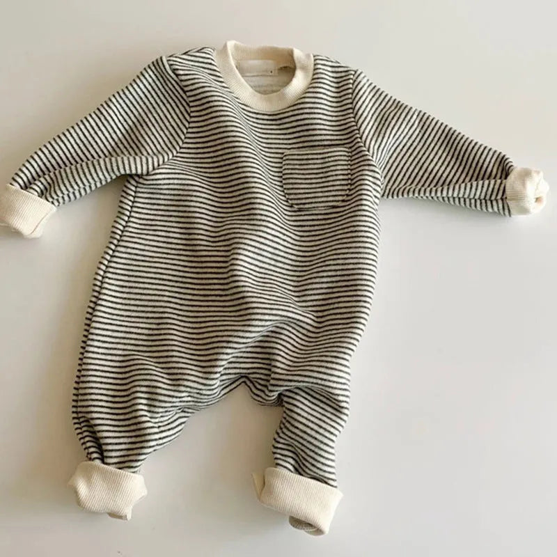 Striped cotton baby jumpsuit with long sleeves for infant winter wear