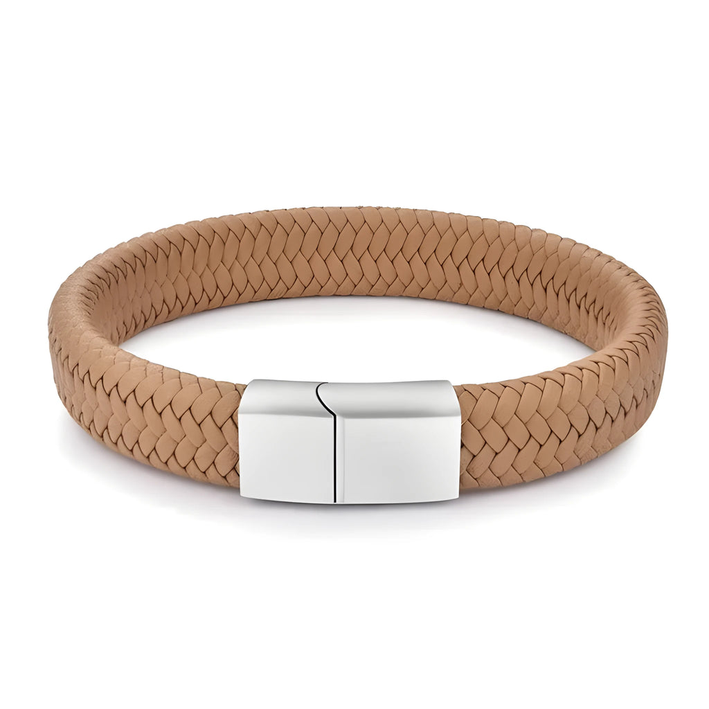 Men's braided stainless steel and leather fashion bangle bracelet in black colour, close-up on wrist