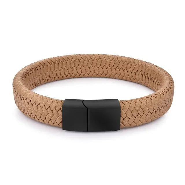 Men's braided stainless steel and leather fashion bangle bracelet in black colour, close-up on wrist