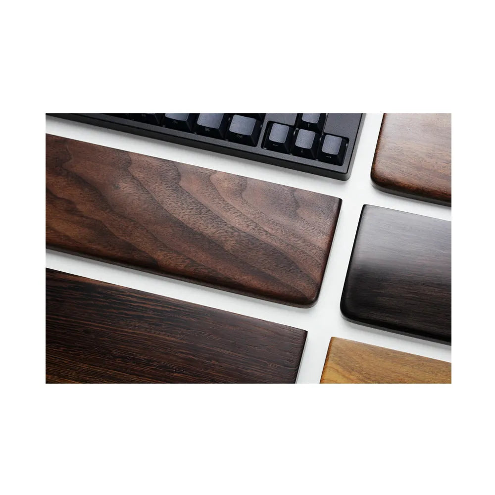Black walnut wood keyboard wrist rest measuring 30cm long for 60% mechanical keyboards