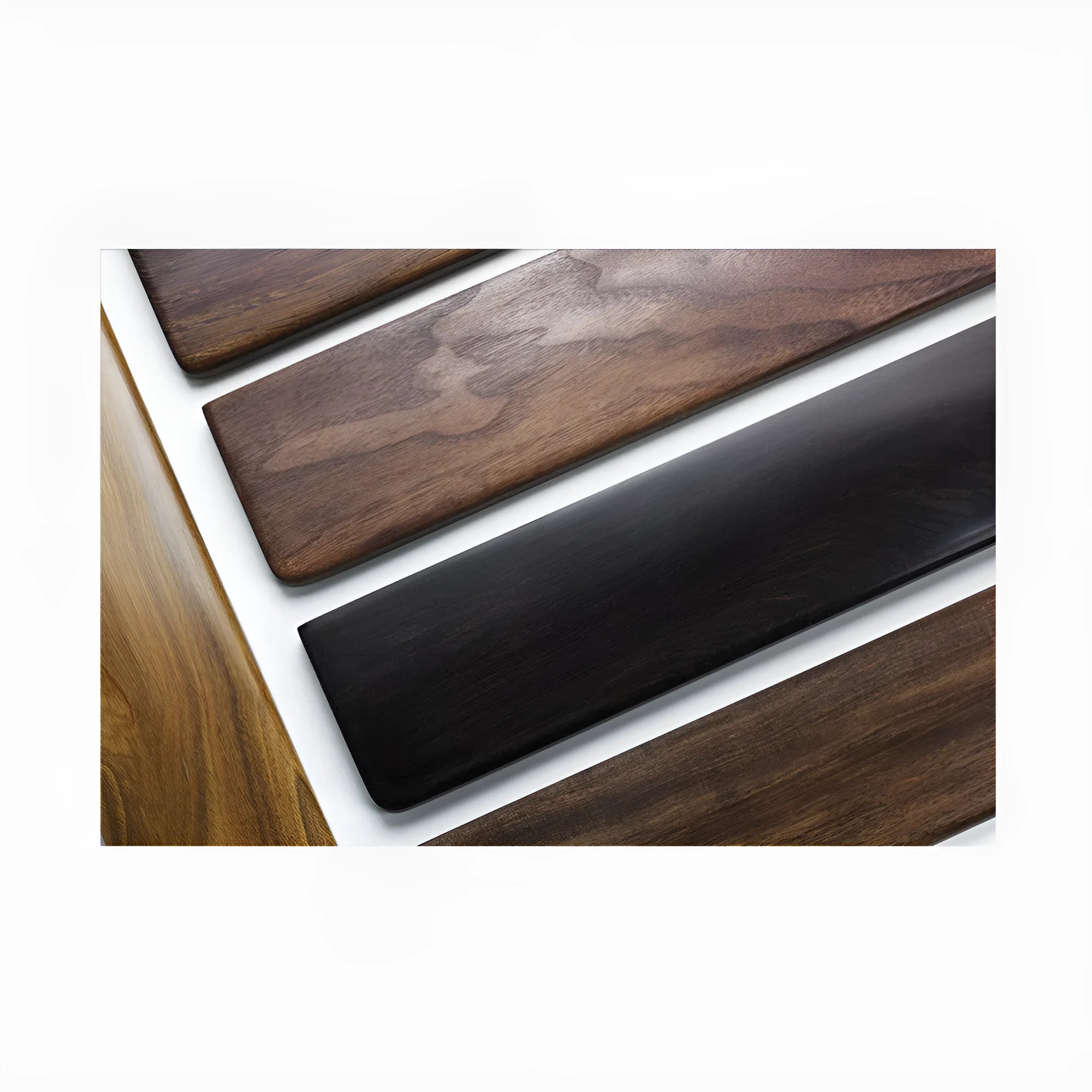 Black walnut wood keyboard wrist rest measuring 30cm long for 60% mechanical keyboards