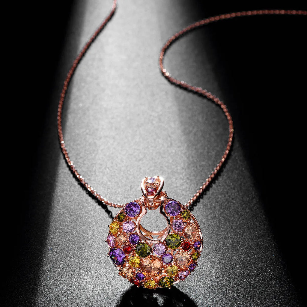 Women's geometric copper necklace with zircon stones and rose gold electroplated finish