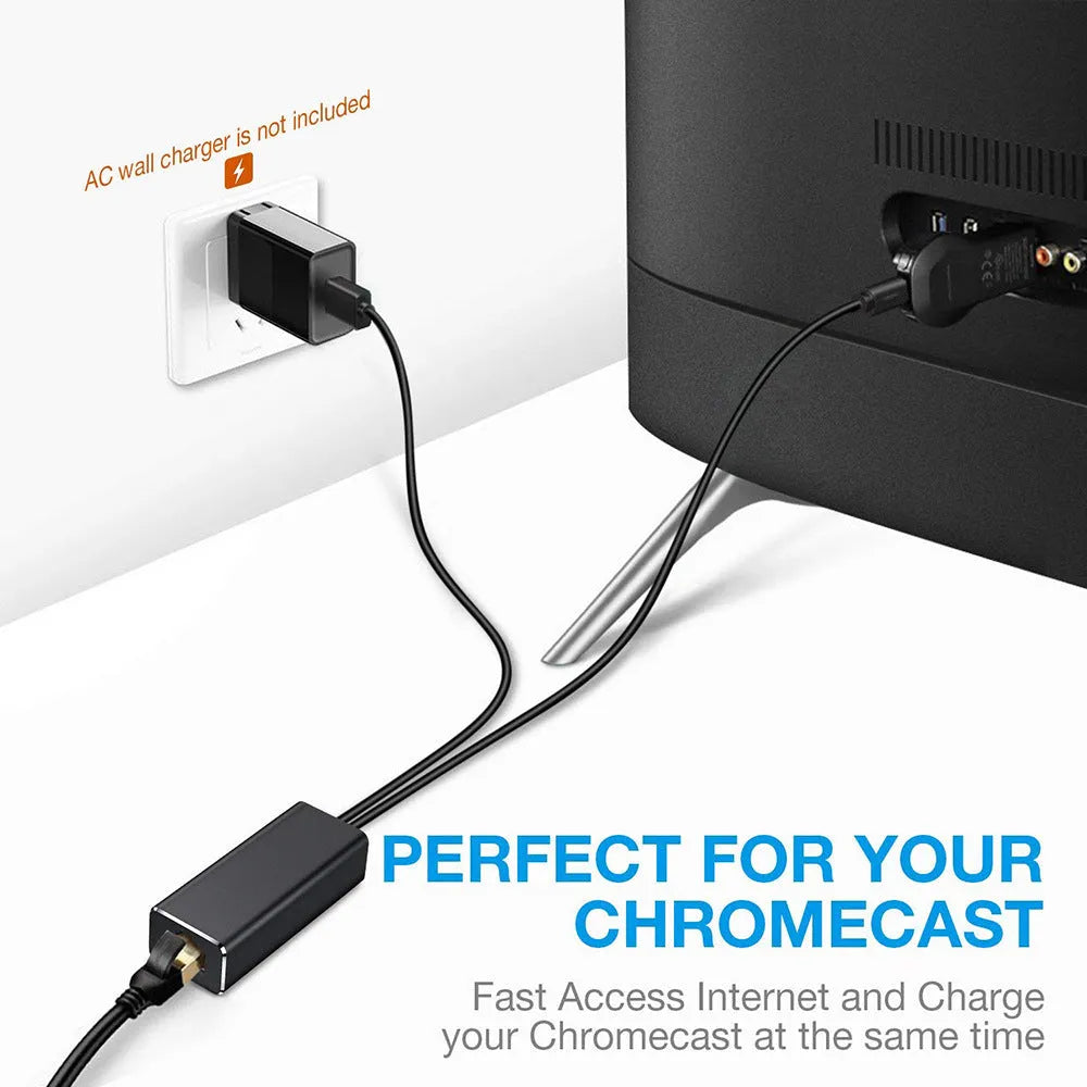 For Chromecast Ethernet Adapter USB 2.0 to RJ45 Network Card Black 58.6x23.9x16.9mm