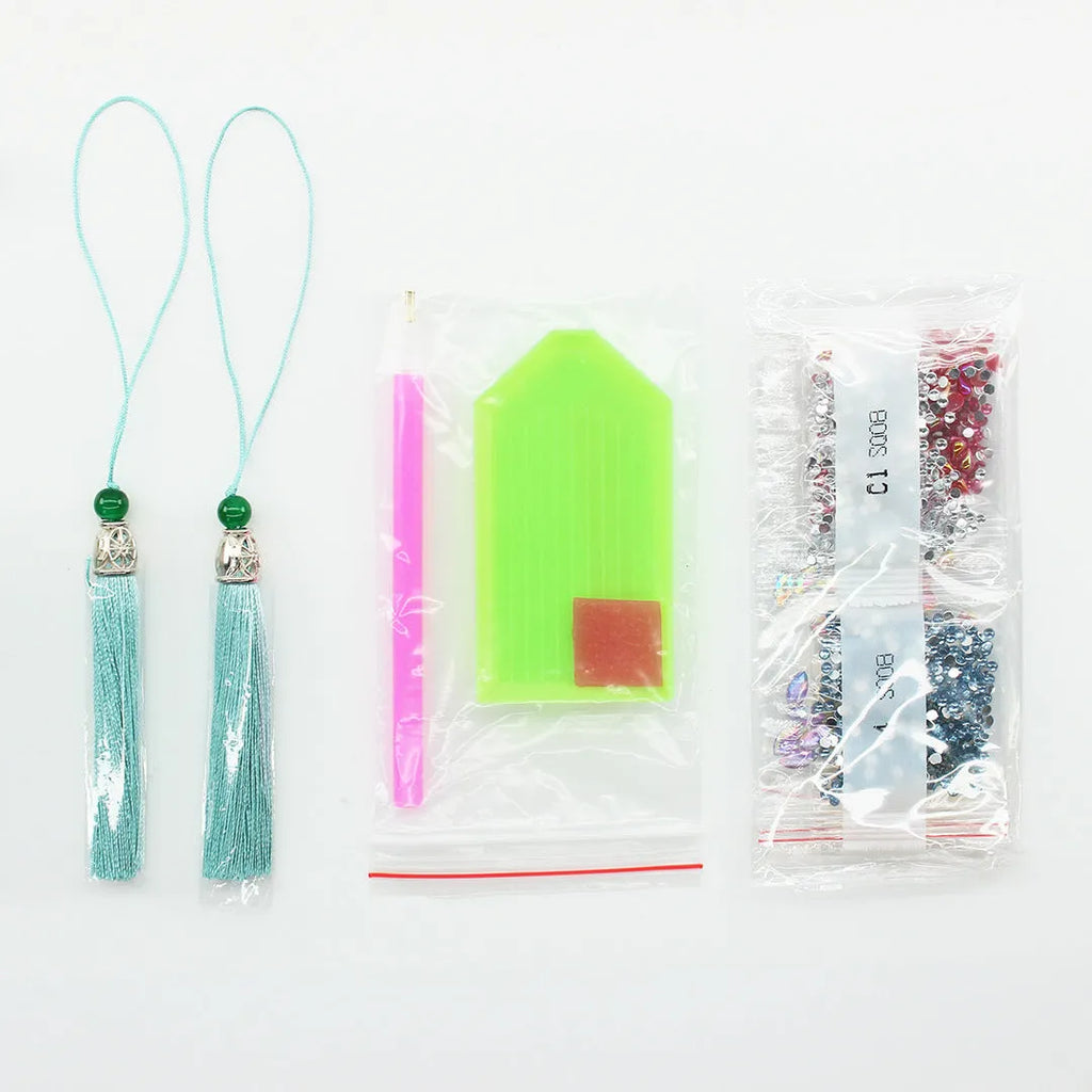 5D diamond painting DIY bookmark kit with pendant design on 6x21 cm PU canvas