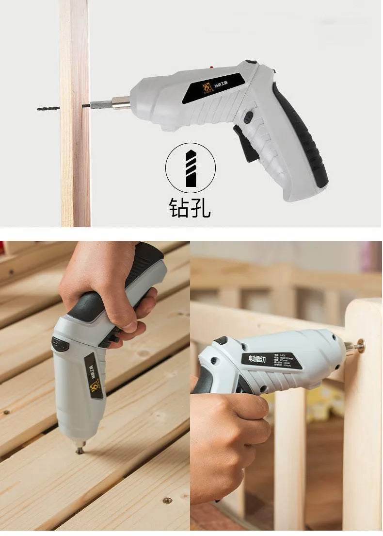 Black rechargeable lithium battery screwdriver with pistol grip and USB charging cable for furniture assembly.
