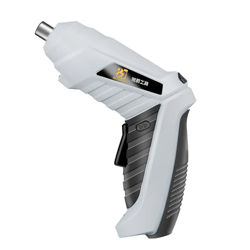 Black rechargeable lithium battery screwdriver with pistol grip and USB charging cable for furniture assembly.