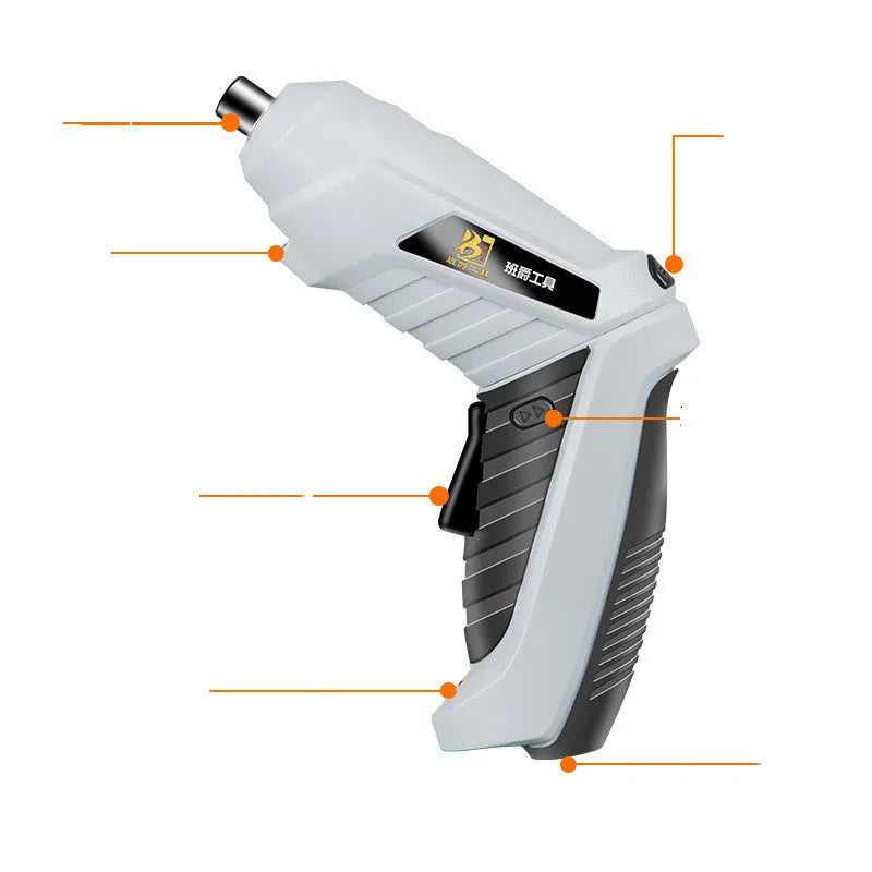 Black rechargeable lithium battery screwdriver with pistol grip and USB charging cable for furniture assembly.