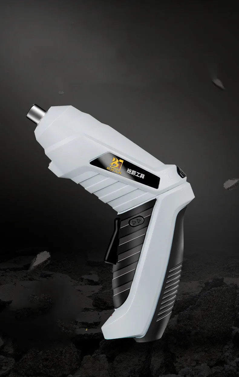 Black rechargeable lithium battery screwdriver with pistol grip and USB charging cable for furniture assembly.