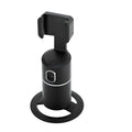 Black smart tracking gimbal stabiliser with clip mount for mobile phone showing 360-degree rotation.
