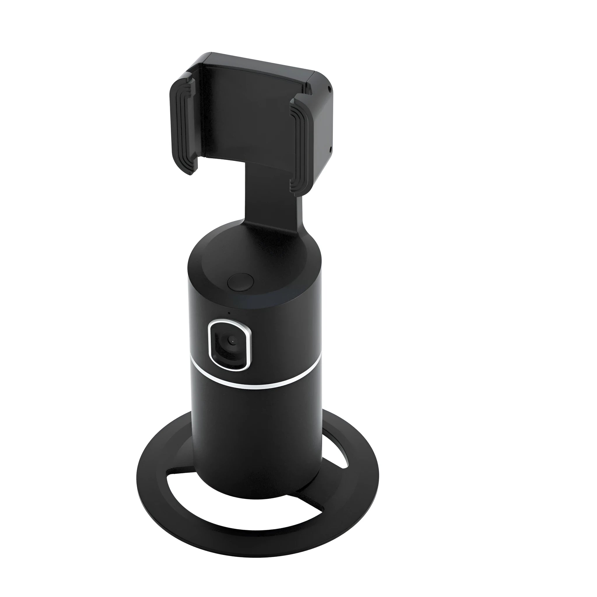 Black smart tracking gimbal stabiliser with clip mount for mobile phone showing 360-degree rotation.