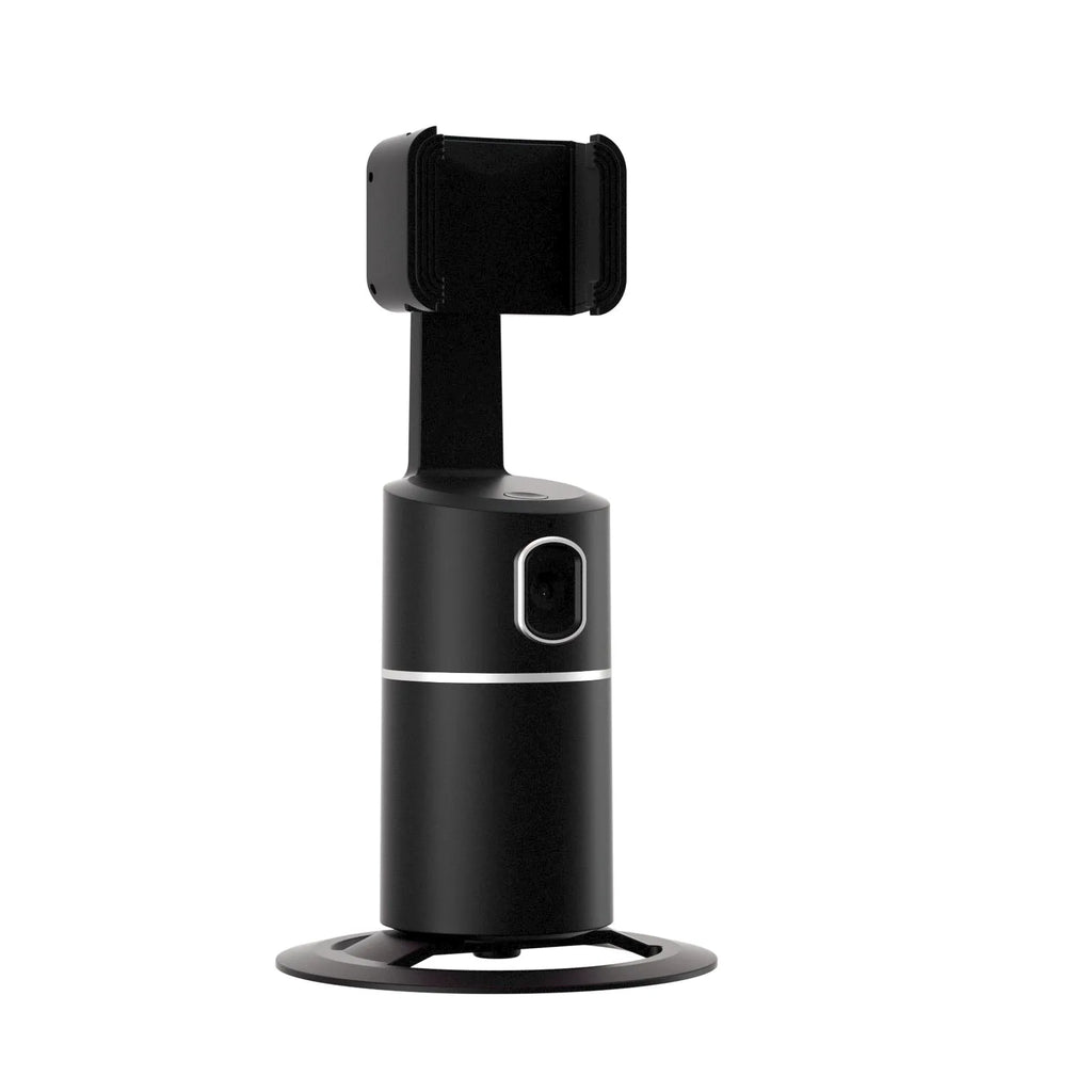 Black smart tracking gimbal stabiliser with clip mount for mobile phone showing 360-degree rotation.