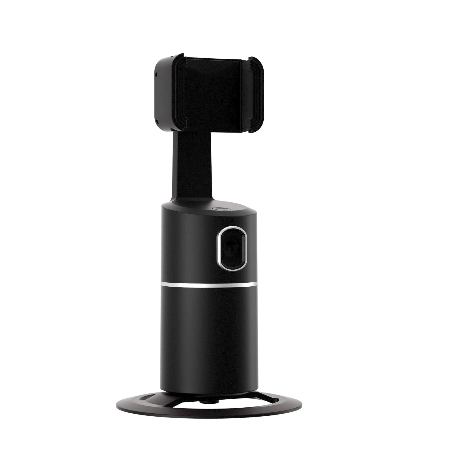Black smart tracking gimbal stabiliser with clip mount for mobile phone showing 360-degree rotation.