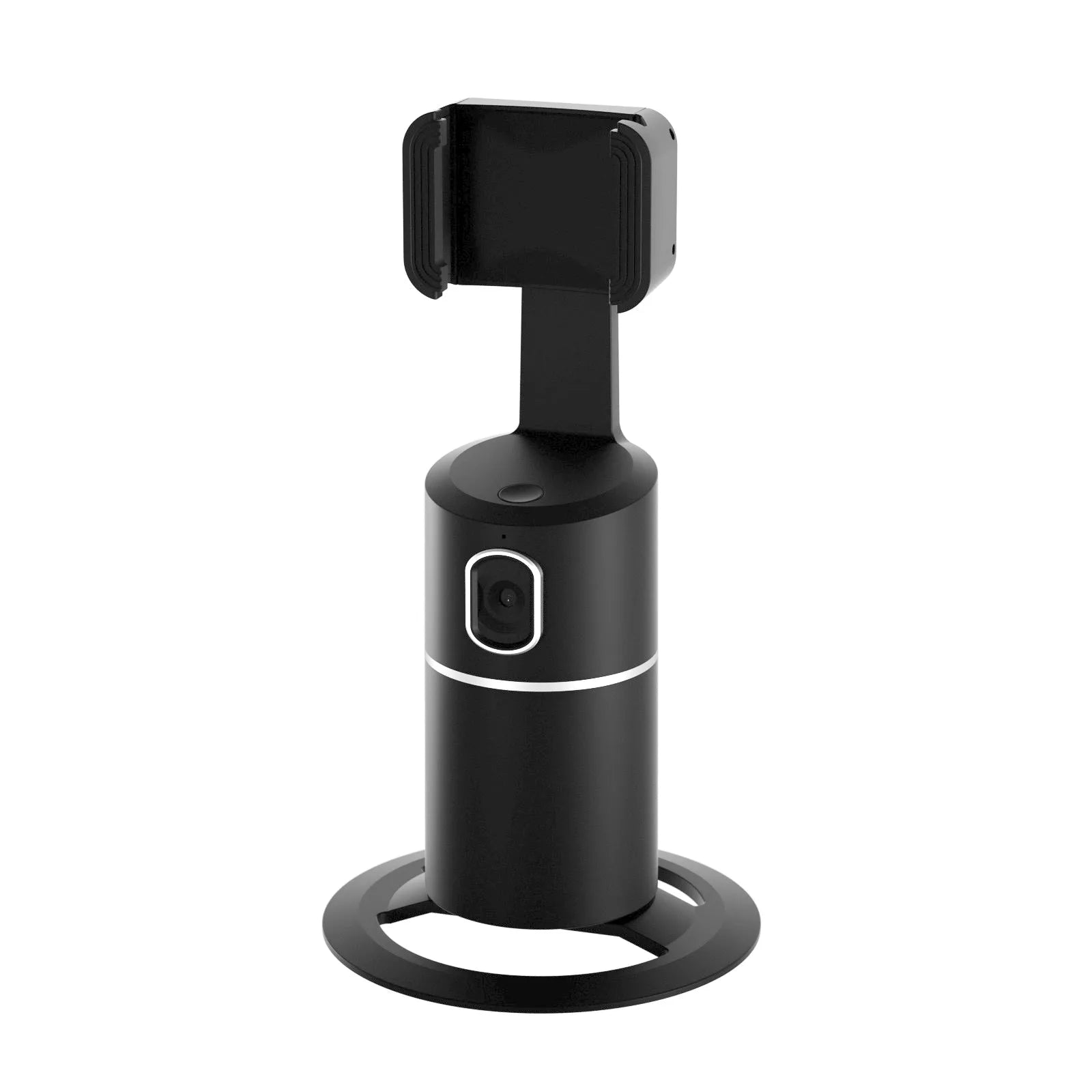 Black smart tracking gimbal stabiliser with clip mount for mobile phone showing 360-degree rotation.