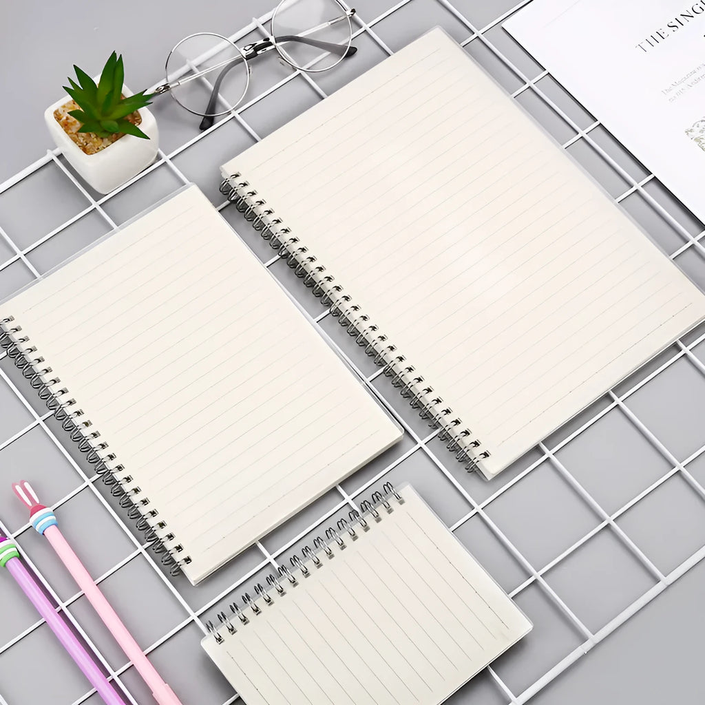 Creative coil notebook showing square grid and horizontal line ruling options in A6, A5, and B5 sizes
