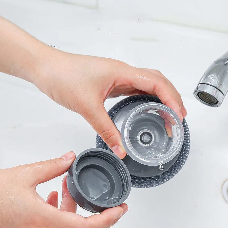 Kitchen palm scrubber with push-type soap dispenser for cleaning stoves and sinks