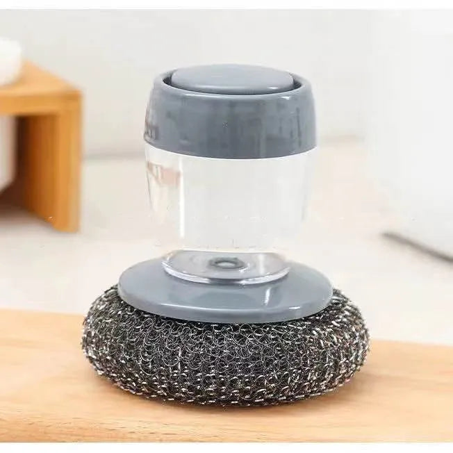 Kitchen palm scrubber with push-type soap dispenser for cleaning stoves and sinks