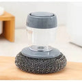 Kitchen palm scrubber with push-type soap dispenser for cleaning stoves and sinks