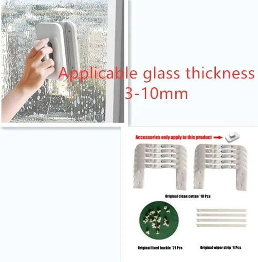 Magnetic double-sided window cleaner brush with silicone scraper, fits 3-35mm glass, 10x15x4cm, white