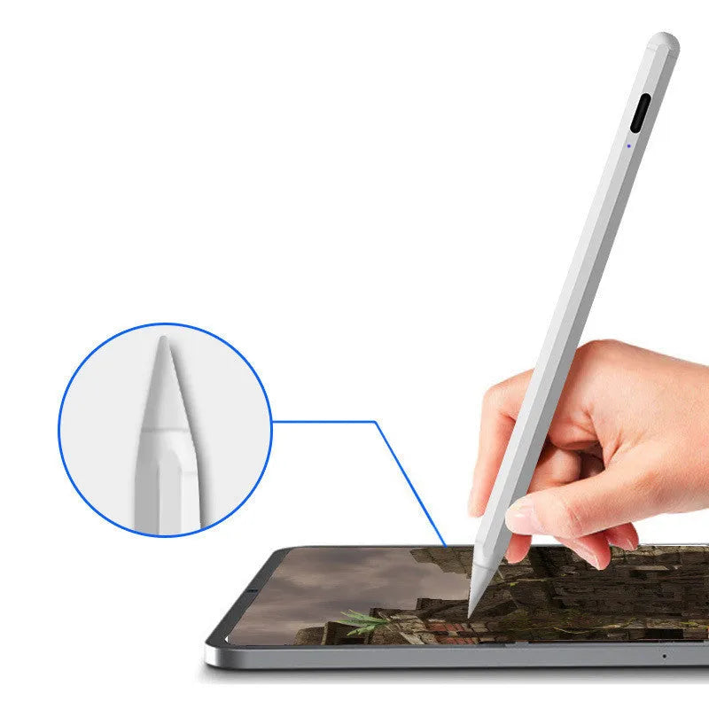 White magnetic stylus pen attached to iPad tablet showing magnetic attachment feature
