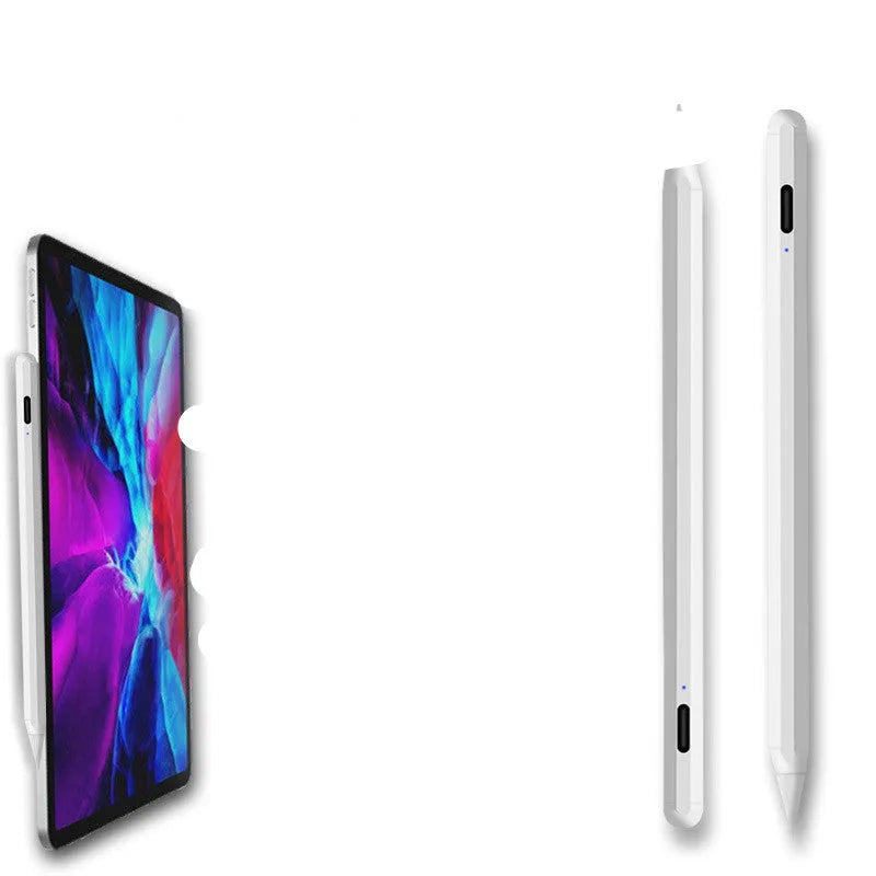 White magnetic stylus pen attached to iPad tablet showing magnetic attachment feature