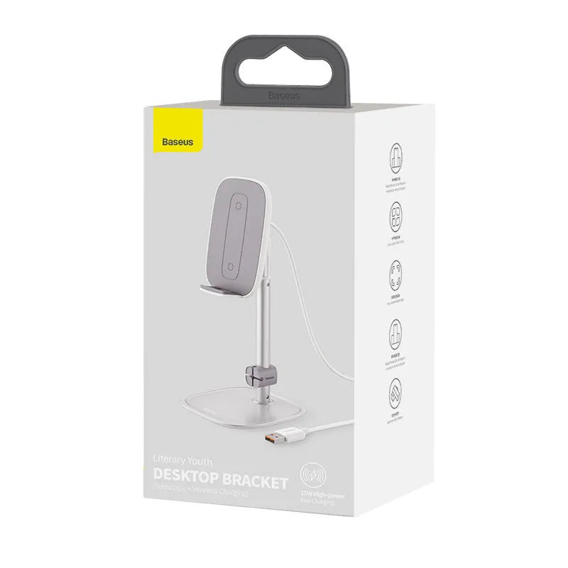 Baseus 15W wireless charger stand with adjustable tablet holder in silver, holding a smartphone on a desktop