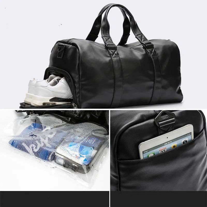 Large black waterproof PU leather sports training bag with shoulder strap and multiple internal pockets.