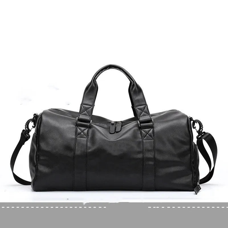 Large black waterproof PU leather sports training bag with shoulder strap and multiple internal pockets.