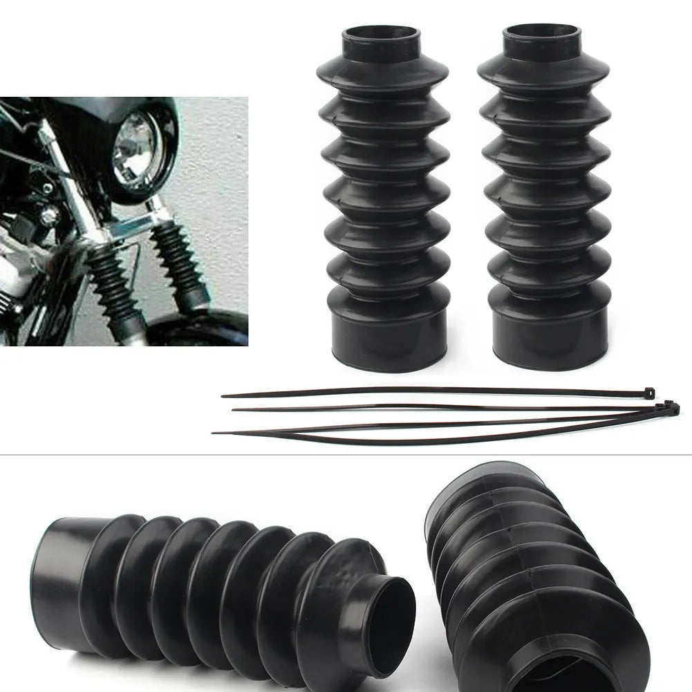 Pair of black rubber motorcycle front fork dust covers for shock absorber protection