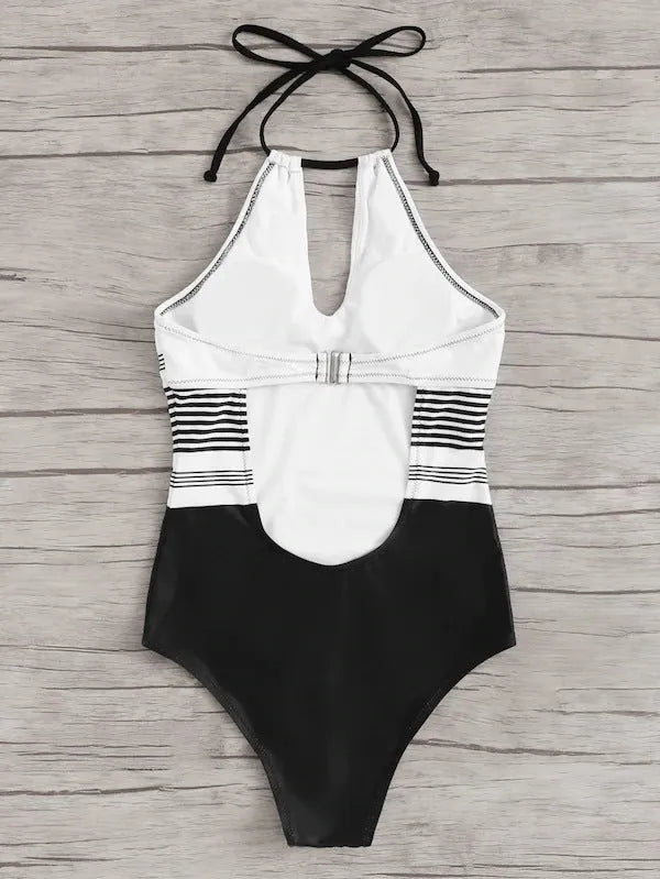 Black striped one-piece swimsuit for women, nylon, sizes S M L, adult female swimwear