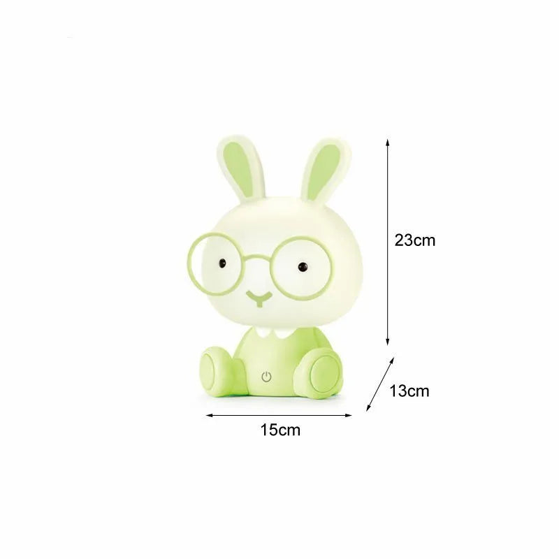 Cartoon rabbit night light with glasses, USB-powered dimmable table lamp in blue, green, or pink colours
